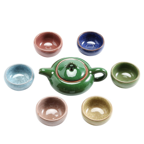 Colorful ice crack glaze complete set of cracked tea set fixed color gift Kung Fu tea set set ceramic sales small gifts