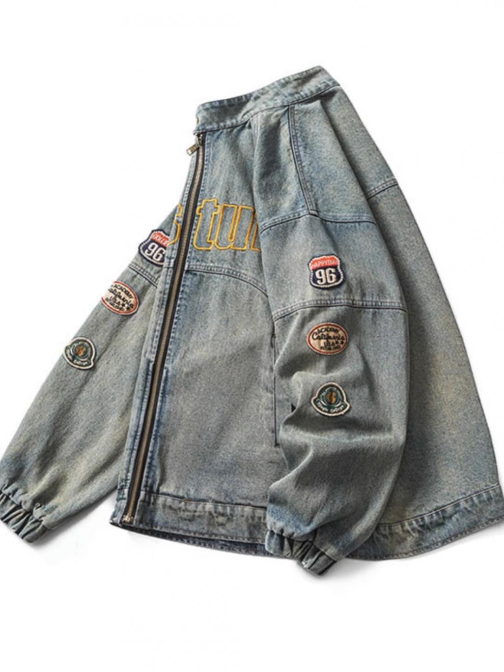 Men's Denim Jacket Motorcycle Style Retro Washed Blue Denim Top_voghion.com