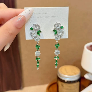 欧美风绿色花朵锆石流苏耳环重工时尚高级感气质耳环小众设计耳饰