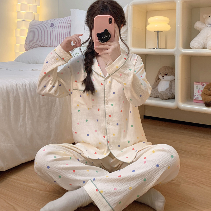 Korean Fashion Polka Dot Long-Sleeved Cloud Cotton Pajamas Women's Spring and Autum Loose Casual Suit Ins Style Home Wear Korean Fashion Polka Dot Long-Sleeved Cloud Cotton Pajamas Women's Spring and Autum Loose Casual Suit Ins Style Home Wear