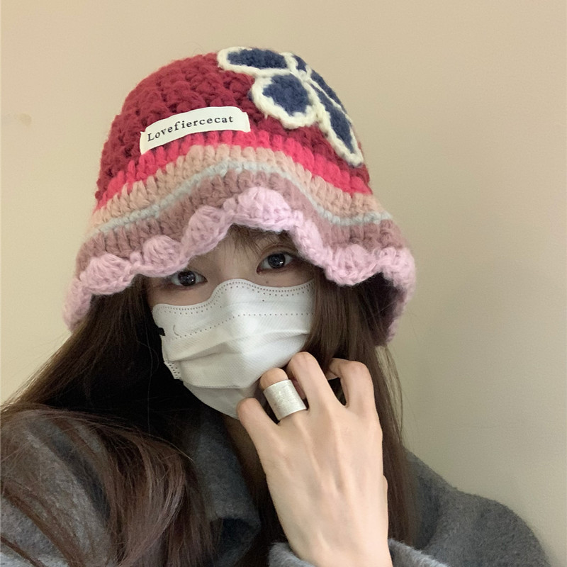 colorful Floral Knit Fisherman's Hat, Suitable For Women, For Autumn And Winter, Sweet Bucket Hat, Suitable For Large Head Shapes._voghion.com