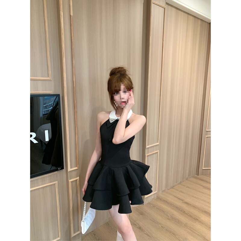 French-Style Elegant Bow-Tie Slim-Fit Halter Neck Waist-Cinching Slimming Backless Little Black Dress, New Summer Puffy Dress for Women