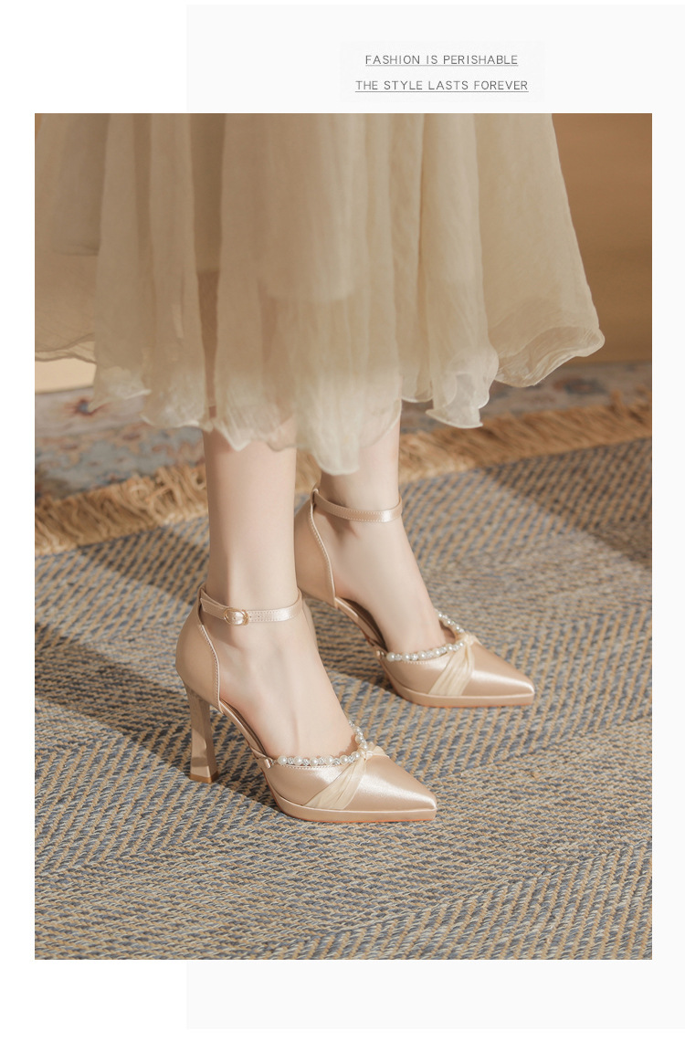 Sandal cao gót nữ Jin Gang YY10506 mũi nhọn hở mũi gót thô đế chống nước — Màu sâm panh chi tiết 15