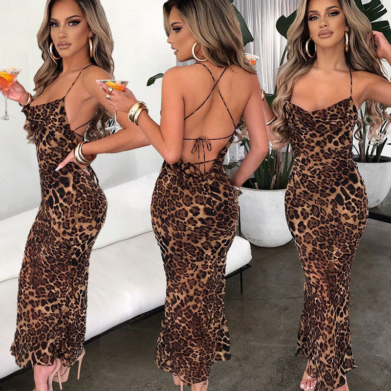 Maxi Long Dress Dress Length Type Wholesale Women's Sexy Backless Leopard Casual Holiday Party Halter Neck Sleeveless Sheath Dress