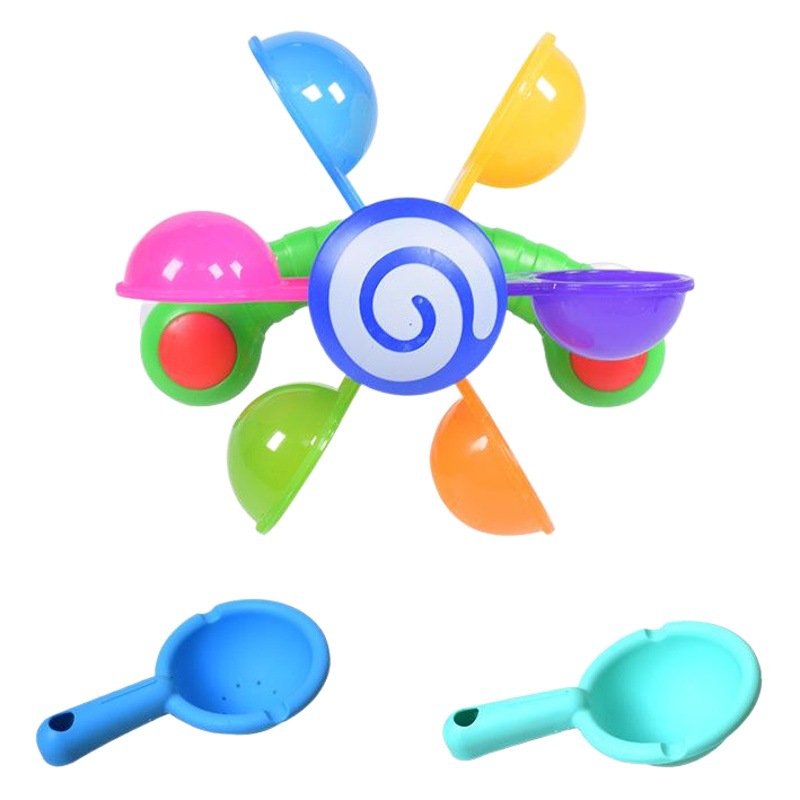 Transfronterizo baño infantil transferencia música jugando molino de viento de agua con cuchara baño infantil jugando agua Arco Iris molino de viento ducha juguete