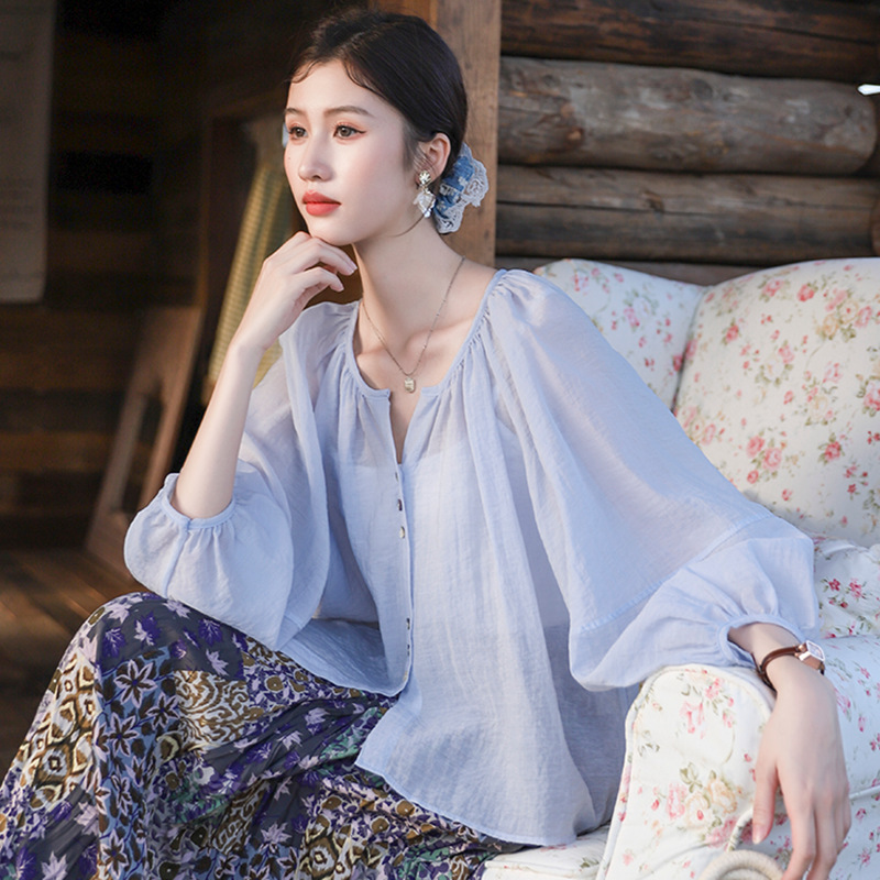 Feiyuan Fashion Versatile Lightweight Breathable Round Neck Shirt for Women Summer Cool Loose Shell Button Sun Protection Short Jacket