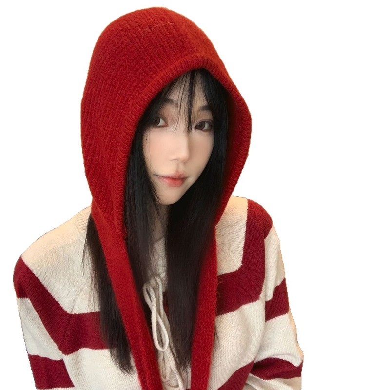 红色巴拉克拉法帽女秋冬保暖毛线帽子围巾一体连帽围脖针织套头帽|undefined