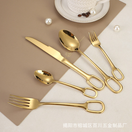 Jieyang tableware cross-border 304 stainless steel spoon ring steak knife and fork spoon titanium plated European hanging hole fork tea spoon