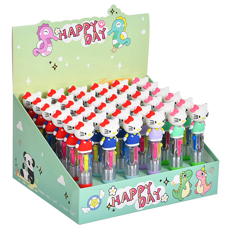 Caricatura lindo KT gato mini bolígrafo de cuatro colores multicolor en uno bolígrafo de cuentas de mano de color para estudiantes premios papelería al por mayor