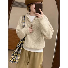 半拉链连帽新年红色毛衣套头女宽松秋冬厚款内搭软糯针织上衣帽衫