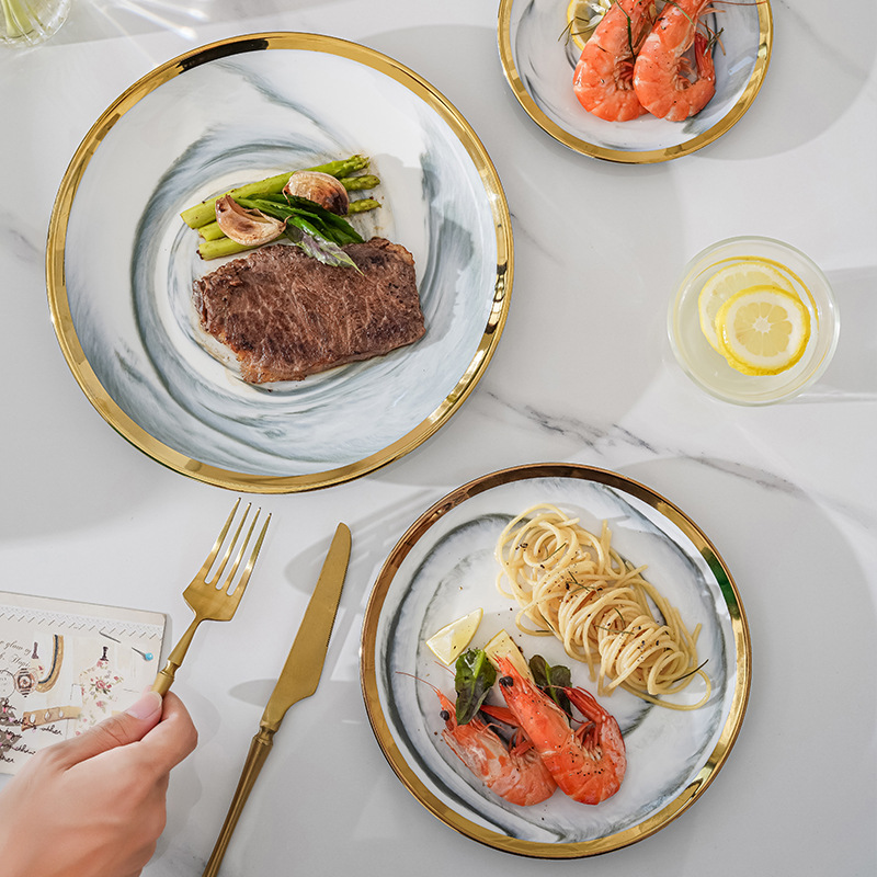 Nórdico creativo borde dorado cerámica marmolado placa Occidental Placa de pasta hogar Placa de filete Placa de postre Placa de oscilación