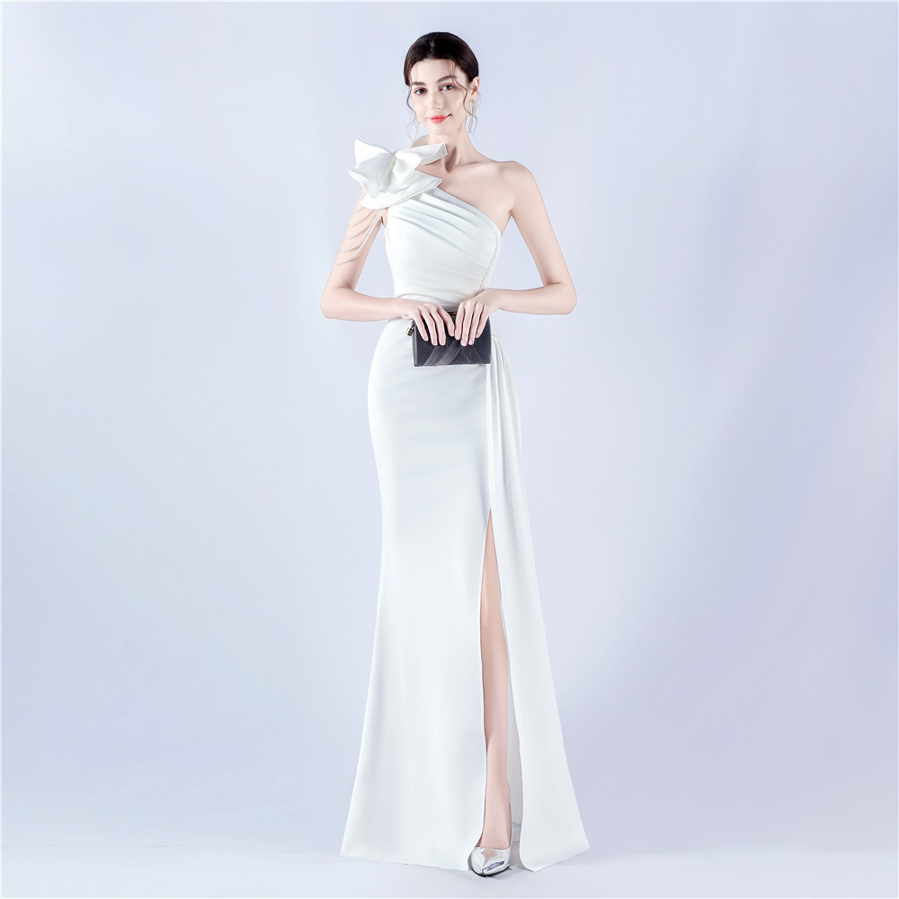 Women Clothing Heavy Industry Beads Handmade Artistic Floral Pleated Craft Satin off the Shoulder High Fork Evening Dress