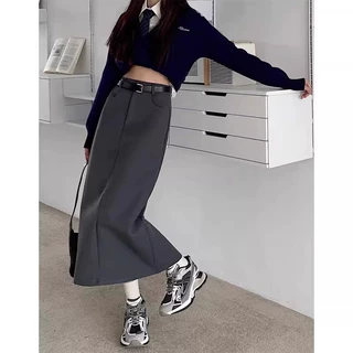 黑色开叉半身裙女2026春秋季小个子休闲直筒裙西装高腰中长款裙子