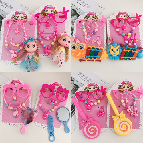 AliExpress Hot Selling Children's Jewelry Cartoon Cute Girls Jewelry Set Beaded Necklace Bracelet Hair Clip Accessories