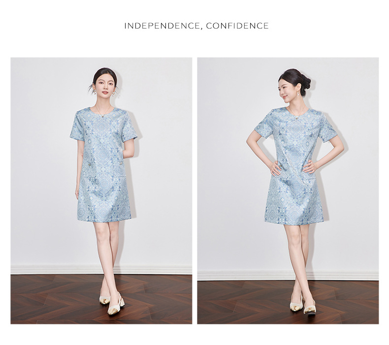 Váy chữ A jacquard lụa vàng phong cách quốc gia tay ngắn chất lượng cao — Màu xanh lam chi tiết 8