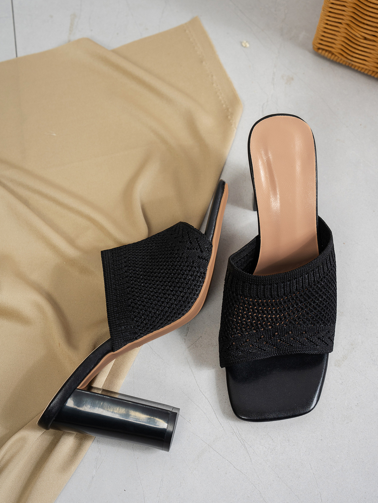 Women's Square Toe Flyknit High Heeled Sandals Chunky Heel Slippers_voghion.com