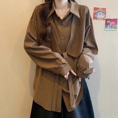 大きいサイズの婦人服ヨーロッパ高級シャツファット春メイラードブラウン通勤ミドル丈シャツトップ