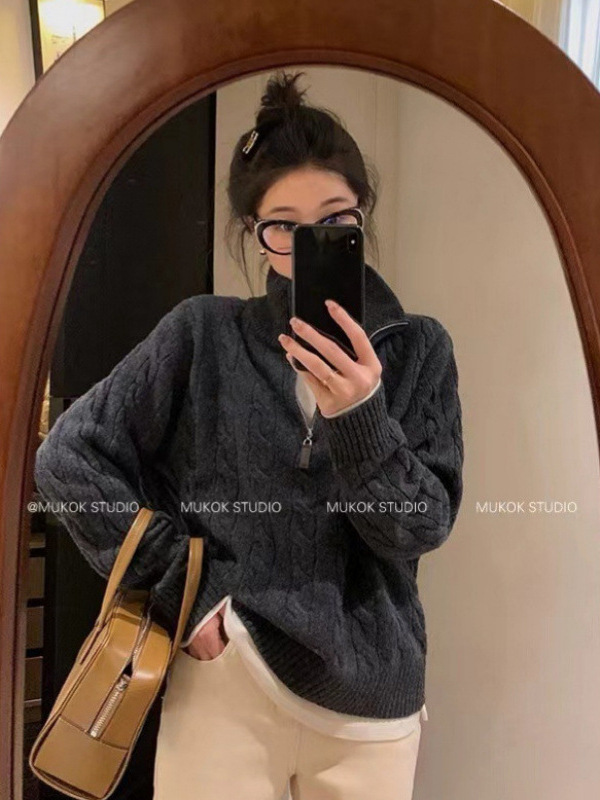 RL秋冬半拉链立领针织上衣加厚毛衣女宽松慵懒扭花羊毛衫外穿拉夫|undefined