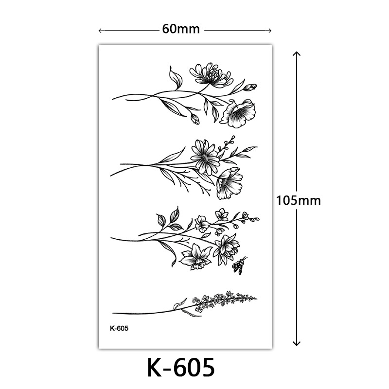 Pequeñas pegatinas de tatuaje frescas letras inglesas flores mariposas líneas de boceto pegatinas de tatuaje impermeables tatuaje