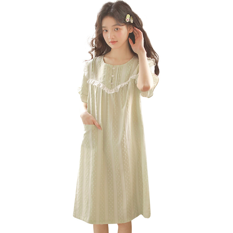 女性用ナイトガウン、夏の純粋な欲望スタイルの半袖夏の新しいパジャマ、純綿ガーゼ、甘い女の子は家着の外でも着用できます