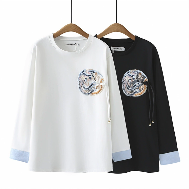 Весенний Универсальный ретро-топ больших размеров, новинка 2024, вышитая Футболка с длинным рукавом в национальном стиле и в национальном стиле 2698