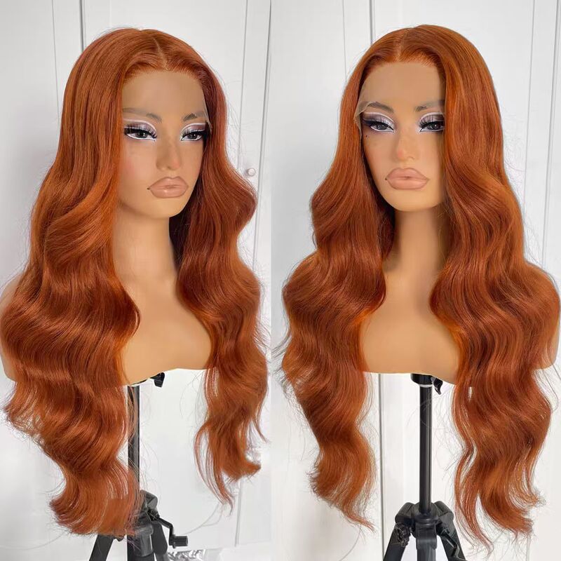 Popular Brazilian Wig, Middle-Parted Orange Burgundy Lace Front Long Curly Synthetic Wig Wholesale