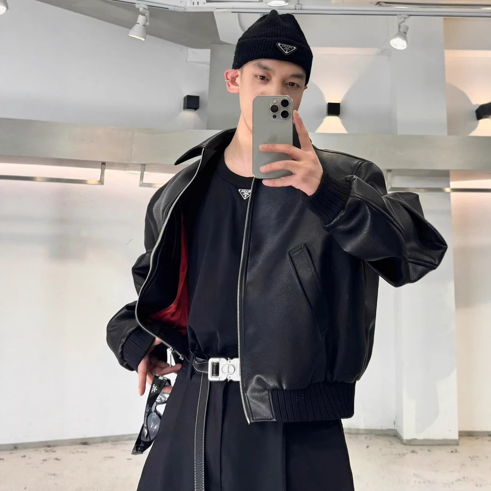 Men's hip-hop American retro short PU leather lapel jacket, autumn loose-fitting and cool motorcycle coat.