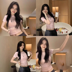 ホットガールショートショルダートップTシャツ女性用2025夏ショートスリムフィットソリッドカラー多用途ハイウエストボトリングシャツ