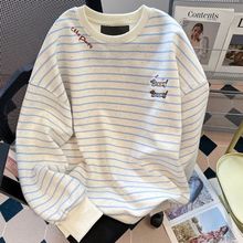 韩系刺绣腊肠小狗条纹长袖卫衣男女秋季宽松学生减龄可爱上衣