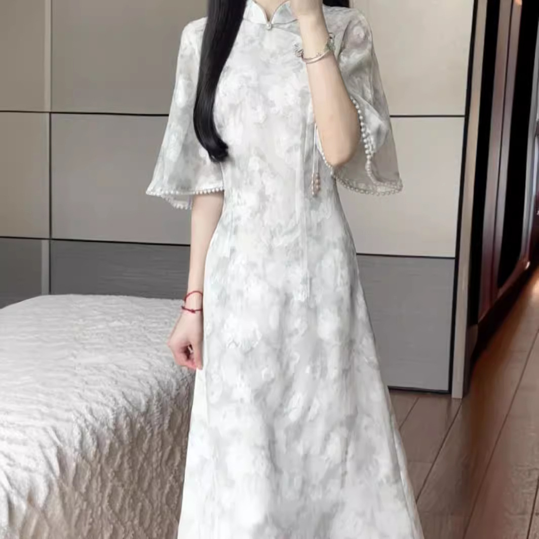 Matcha 2024 Summer New Style Fresh and Elegant Modified Cheongsam Long Dress for Everyday Wear and Youth