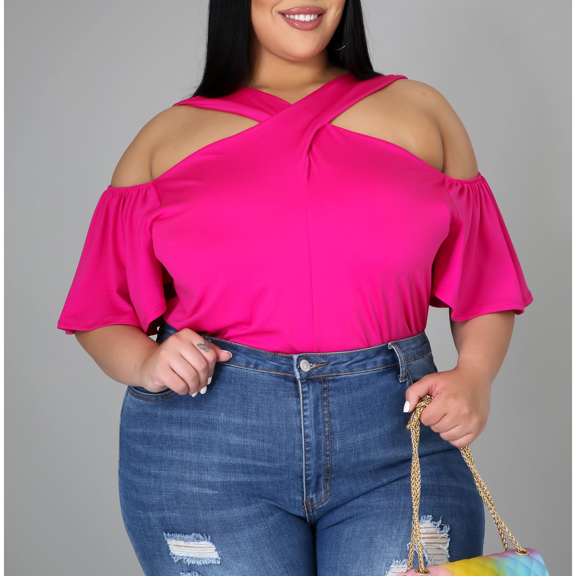 plus size cross-neck off-shoulder loose short-sleeved solid color top NSHBG122649