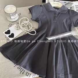 女童夏季中大童POLO领连衣裙新学院风超蓬裙摆洋气短袖长裙55270
