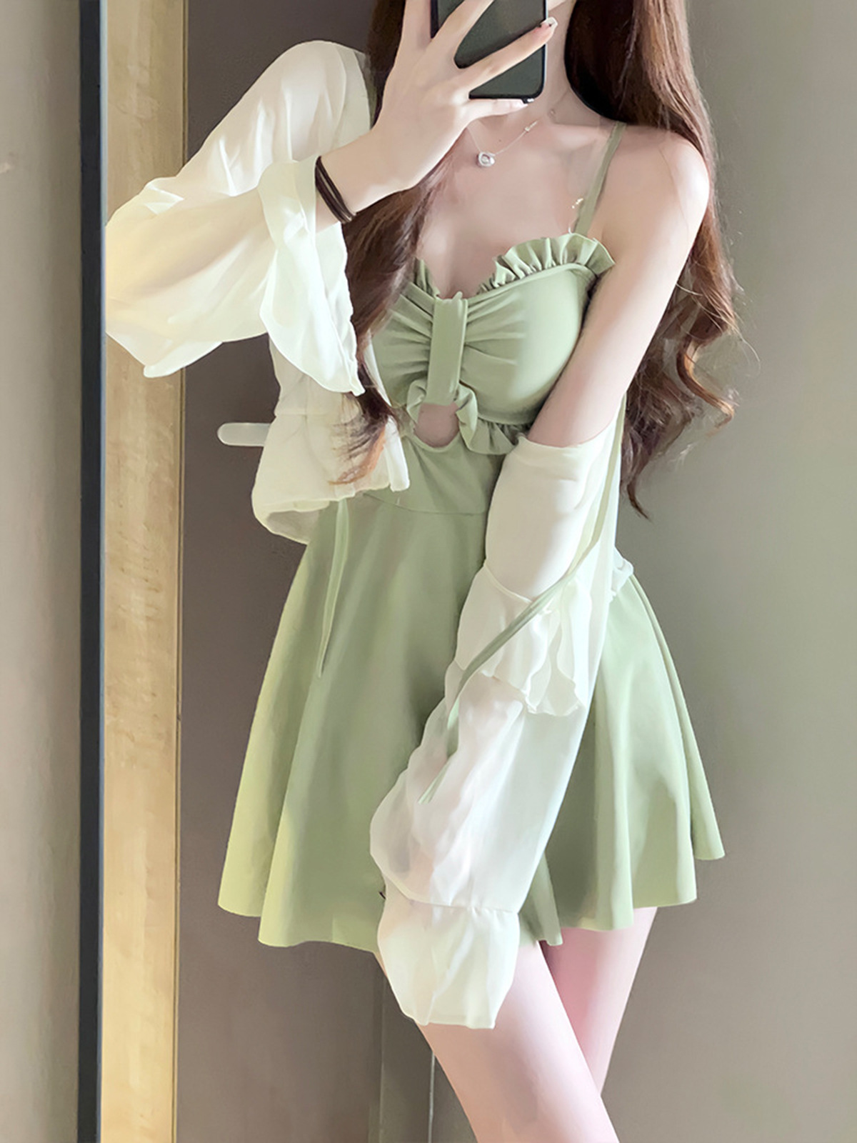 Traje de baño de las mujeres de aguas termales de una pieza falda conservadora vientre que cubre adelgazamiento Blusa de manga larga playa vacaciones traje de baño deportes de una pieza