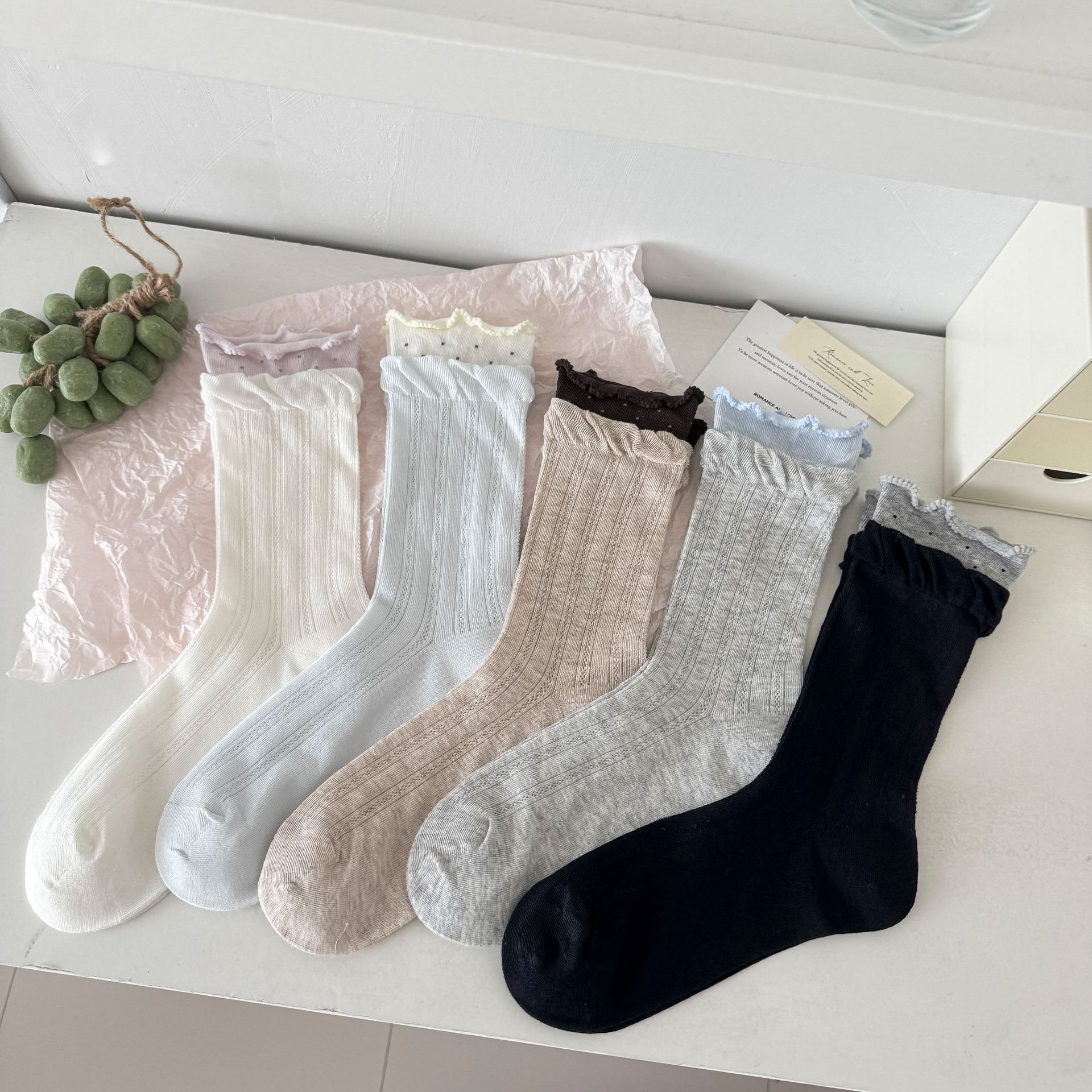 Vintage Cottagecore Pointelle Ribbed Cotton Double Layer Ruffle Crew Socks For Romantic Mori Girl Outfits Detail View 1