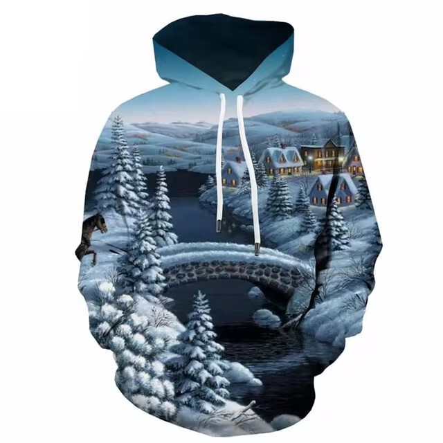 Cross Border Christmas Tree Pattern Sweatshirt Men's 3D Digital Print Snow Hooded Casual Vacation New Year Hoodie