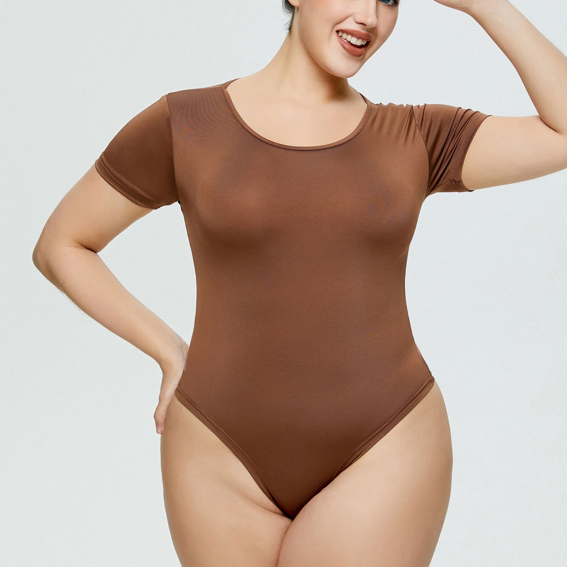 Venta caliente de la manera del comercio exterior europeo y americano más el tamaño de las mujeres bodysuit versátil bottoming cuello redondo de manga corta de una pieza calzoncillos