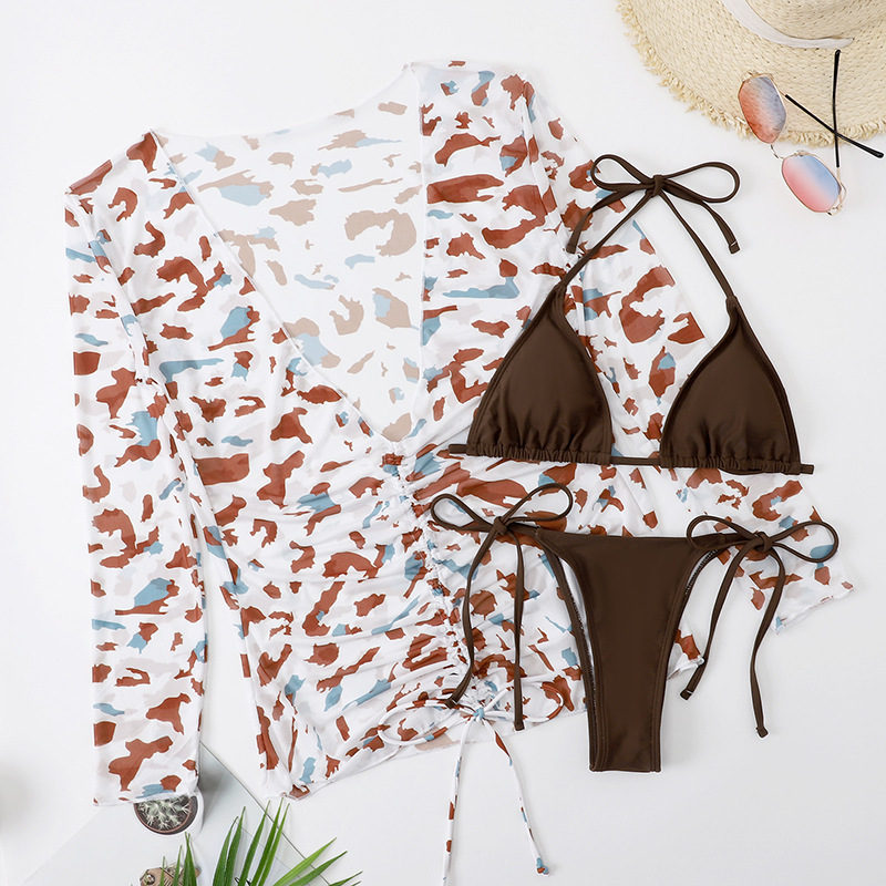 151g Weight Sleeveless Sleeve Length Polyester Fabric Type 3 Pieces Set Quantity Swimming Pool, Beach Occasion Strap Neckline Skinny Fit Type Color Block, Stripe, Leopard Pattern Women's Gender Sexy, Beach Style Women's Sexy Beach Color Block Stripe Leopard 3 Pieces Set Bikinis Swimwear 5