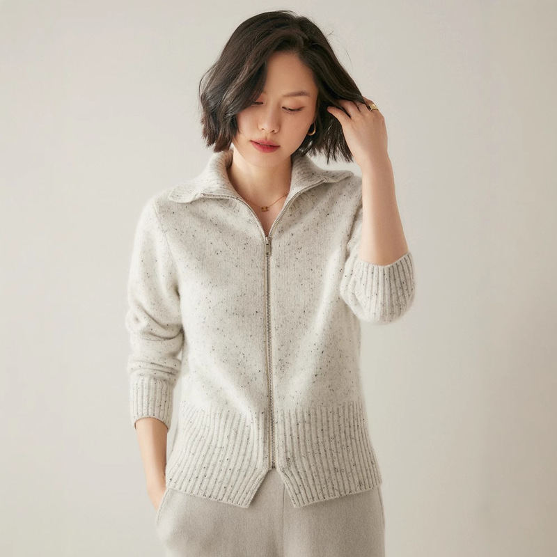Autumn Style Fragrant Tea Cos Same Style Colorful Yarn Cashmere Zipper Knitted Cardigan Women's Short Lapel Loose Wool Jacket