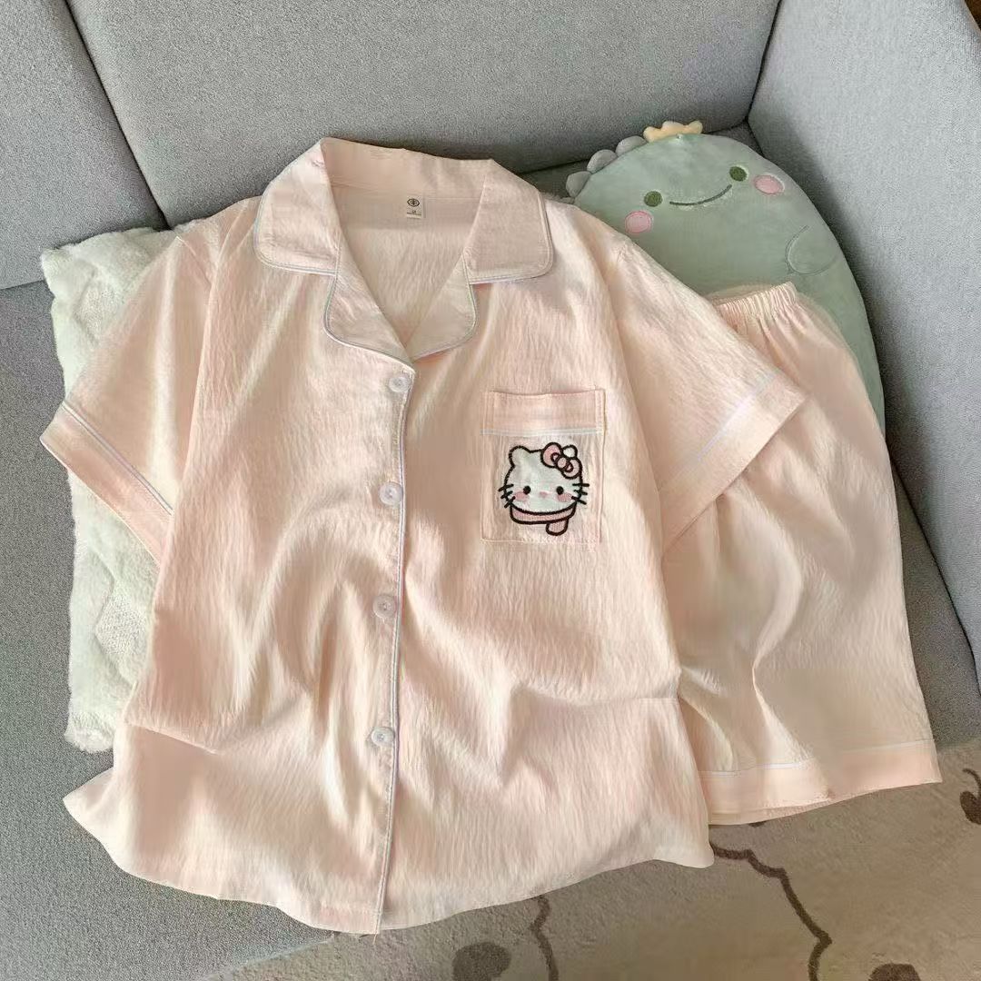 Cute punto de onda KT gato nubes pijamas de algodón mujer pantalones cortos de manga corta de verano coreano cuello de dibujos animados set de ropa para el hogar