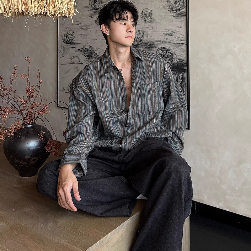Factory Spring and Autumn Blue Super Stylish Striped Vintage Shirt for Men, Loose Fit, Casual, Cool Long-Sleeve Shirt