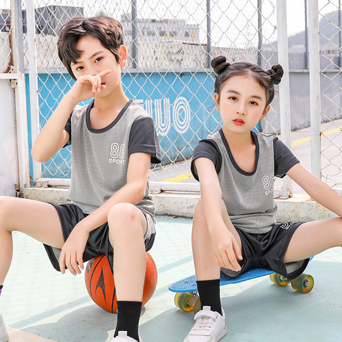 Children's short-sleeved suit boys' summer mesh quick-drying sports T-shirt girls' basketball jersey football shorts