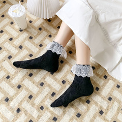 Black cabled knee-high socks for women, summer breathable JK socks with Japanese sweet butterfly knots, white lace edge ruffled socks