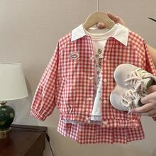 韩国童装女童网红炸街套装2025新款春季洋气儿童红色格子外套半裙