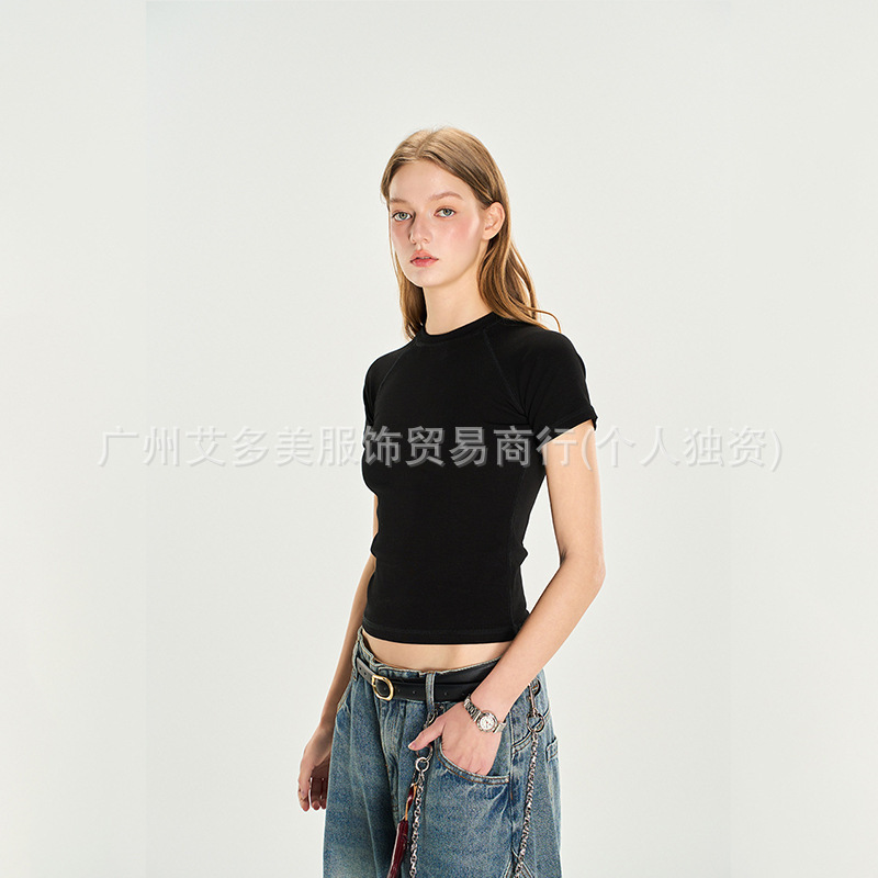 aloYoga美式半高领正肩t恤女2025年夏新款辣妹纯色内搭打底衫短袖|undefined