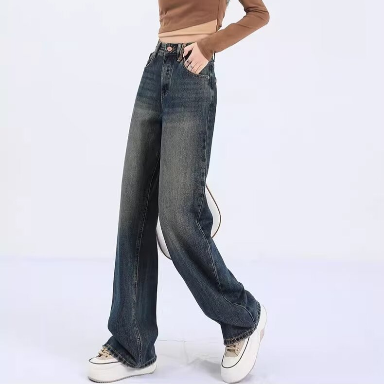 Design contrast color back bag wide leg jeans women's summer new retro blue high waist loose slimming narrow jeans