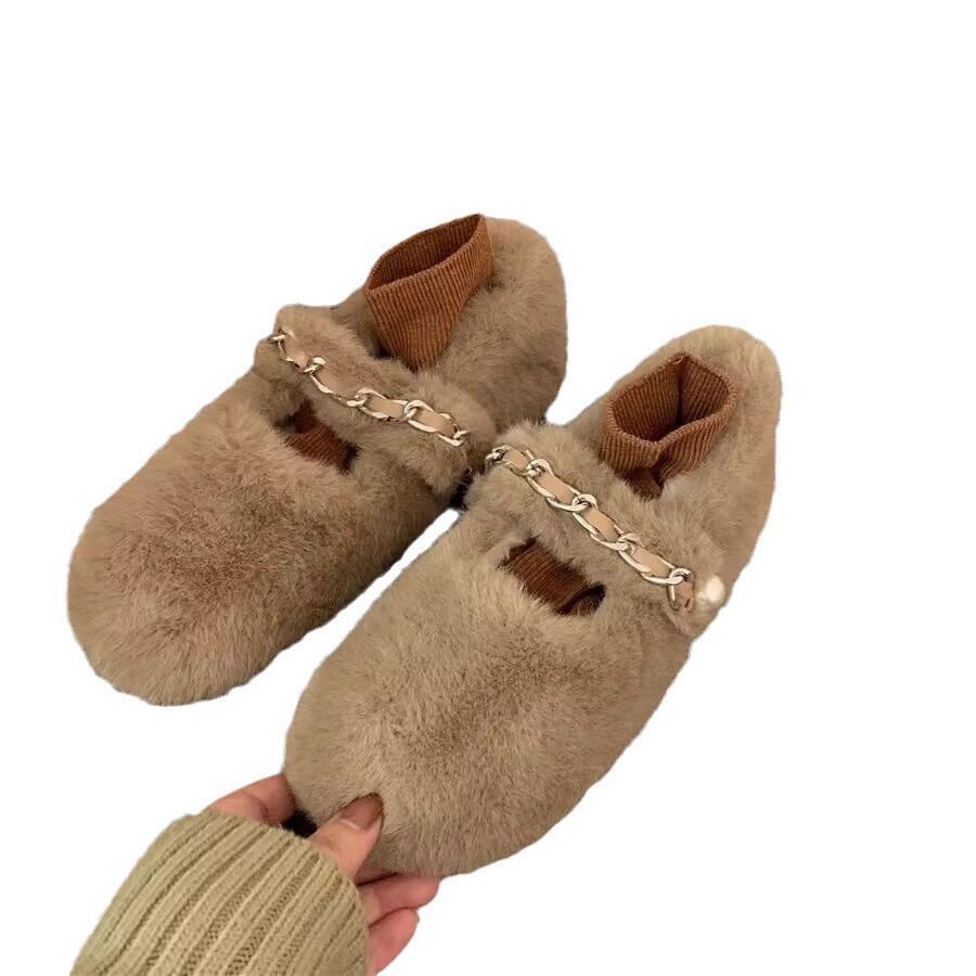 Fellschuhe mit dicken Sohlen für Damen für Herbst- und Winteroberbekleidung 2023 neue koreanische Version von U-Boot-Schuhen mit flachen Sohlen und Beanie-Schuhen mit flachem Mund_voghion.com
