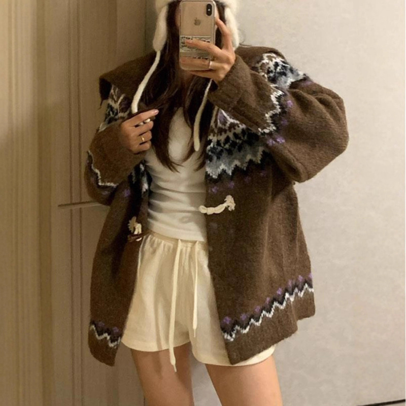 灰色费尔岛牛角扣连帽针织毛衣外套女秋冬慵懒风加厚开衫上衣冬季|undefined