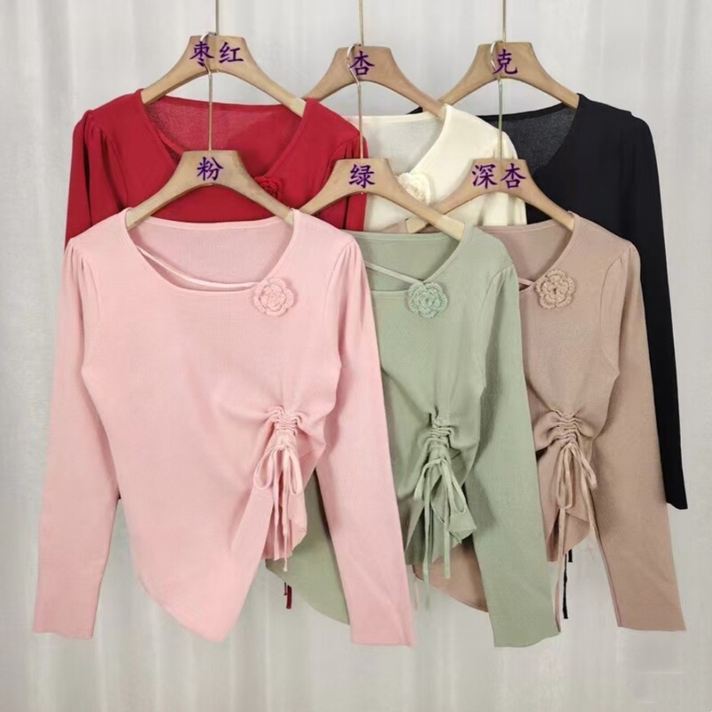 Spring Autumn and Winter Explosions Irregular Waist Flower Knitted Base Shirt Women's Bright Color Wear High Waist Top Sweater Spring Autumn and Winter Explosions Irregular Waist Flower Knitted Base Shirt Women's Bright Color Wear High Waist Top Sweater