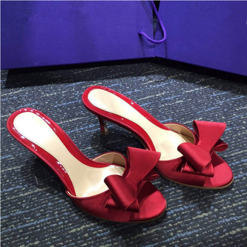 2024 новые летние сандалии с бантом, шлепанцы с открытым носком, шелковые и атласные сандалии на шпильке для женщин