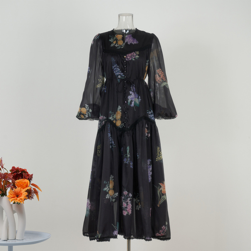 Real Shot of Ready-Made French Extended Style Lace Long-Sleeved Lace-Up Dress, Beautiful Floral A-Hem French Skirt